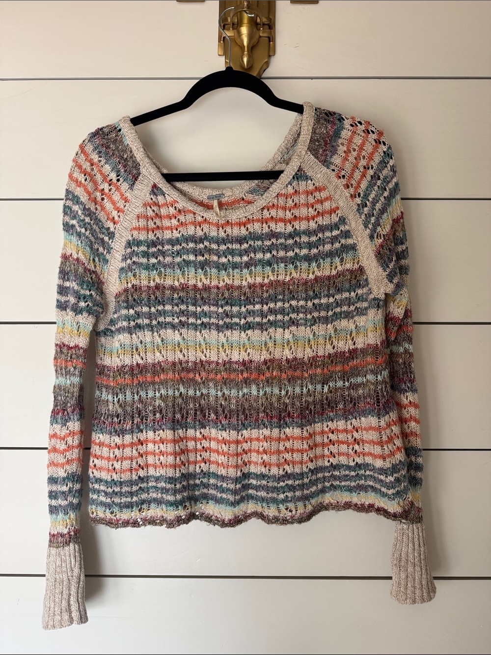 Women’s Free People Multicolor Striped Open-Knit Sweater with cream trim